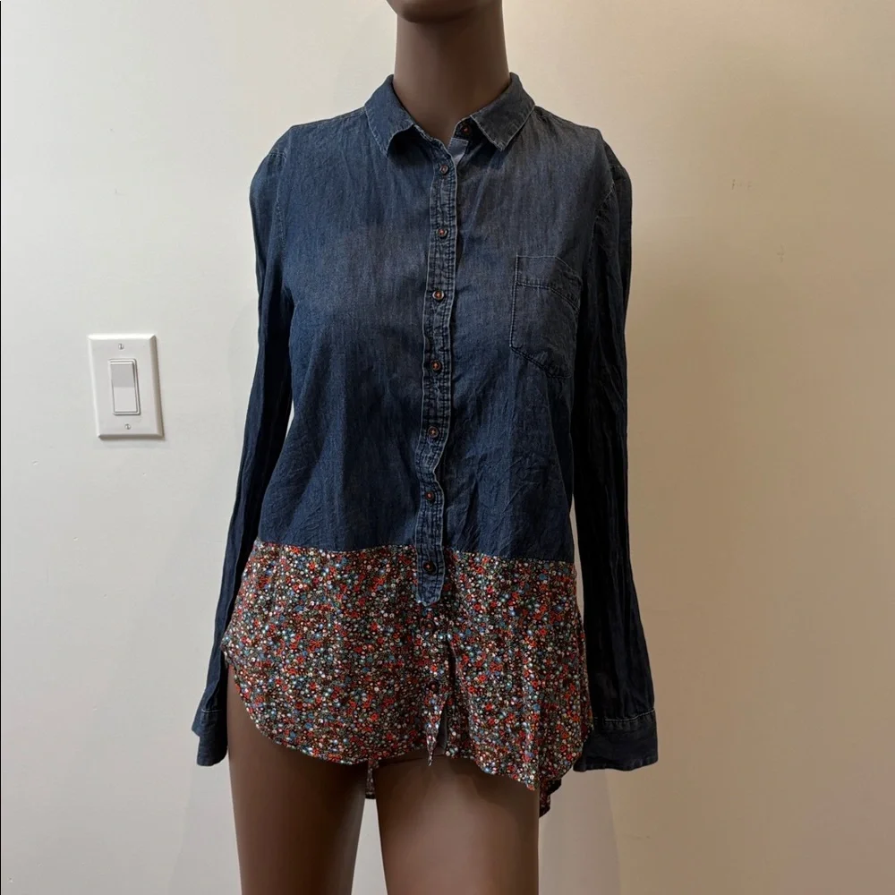 Anthropologie Postage Stamp chambray floral denim button down shirt longsleeve 4 - Picture 3 of 11